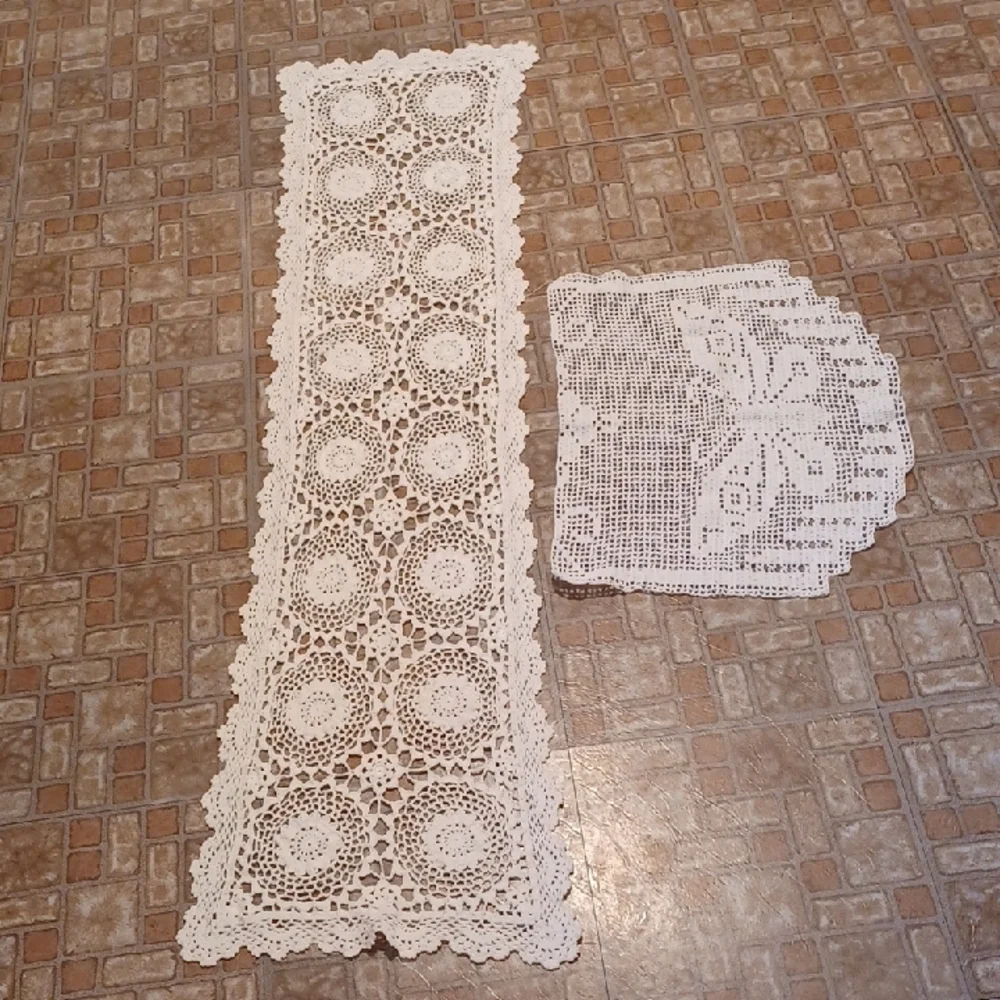 Hand Crocheted Table Runner And Dollies 100 Percent Cotton